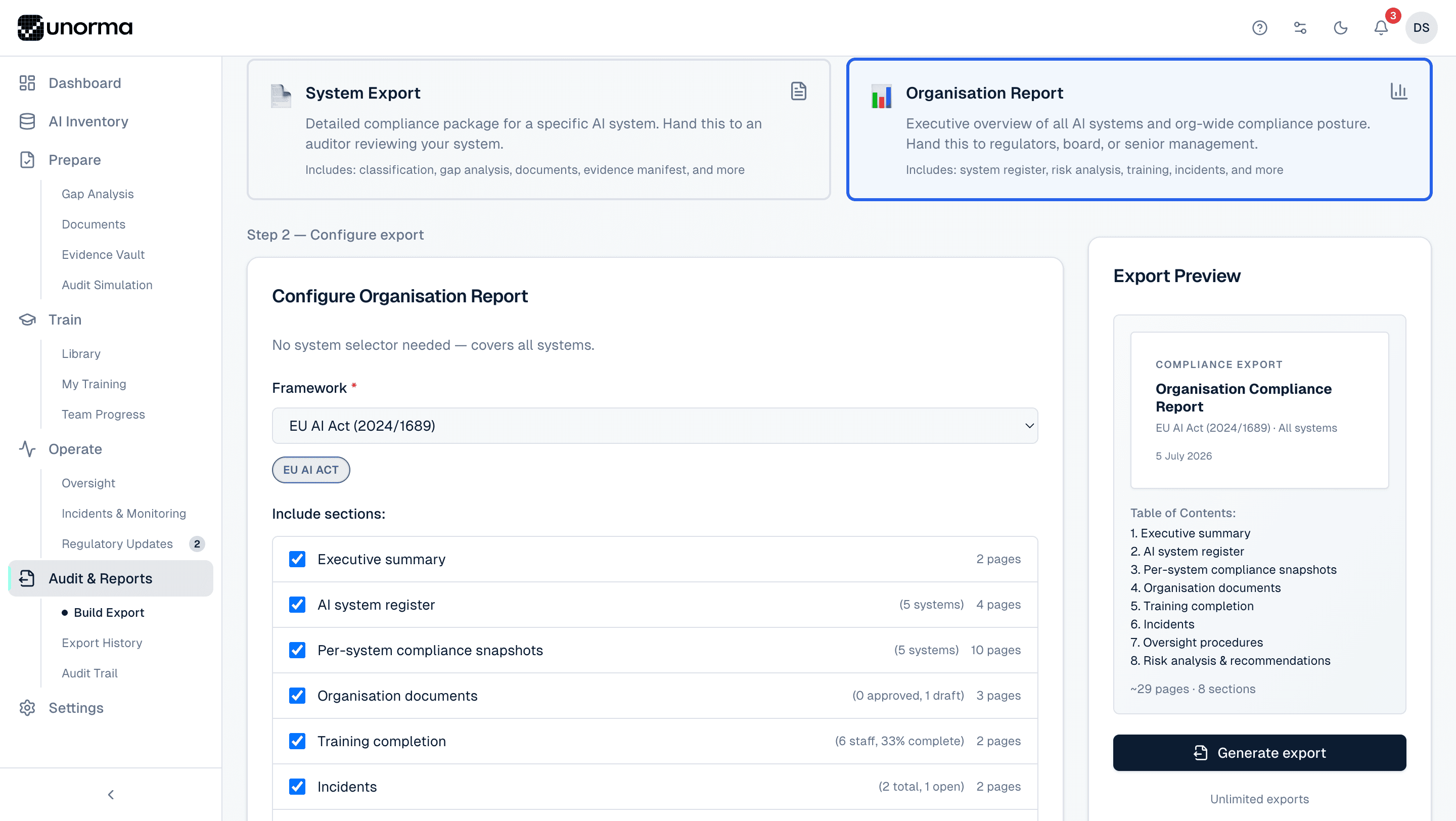 Unorma Build Export screen showing System Export and Organisation Report options, configurable sections, and a live export preview