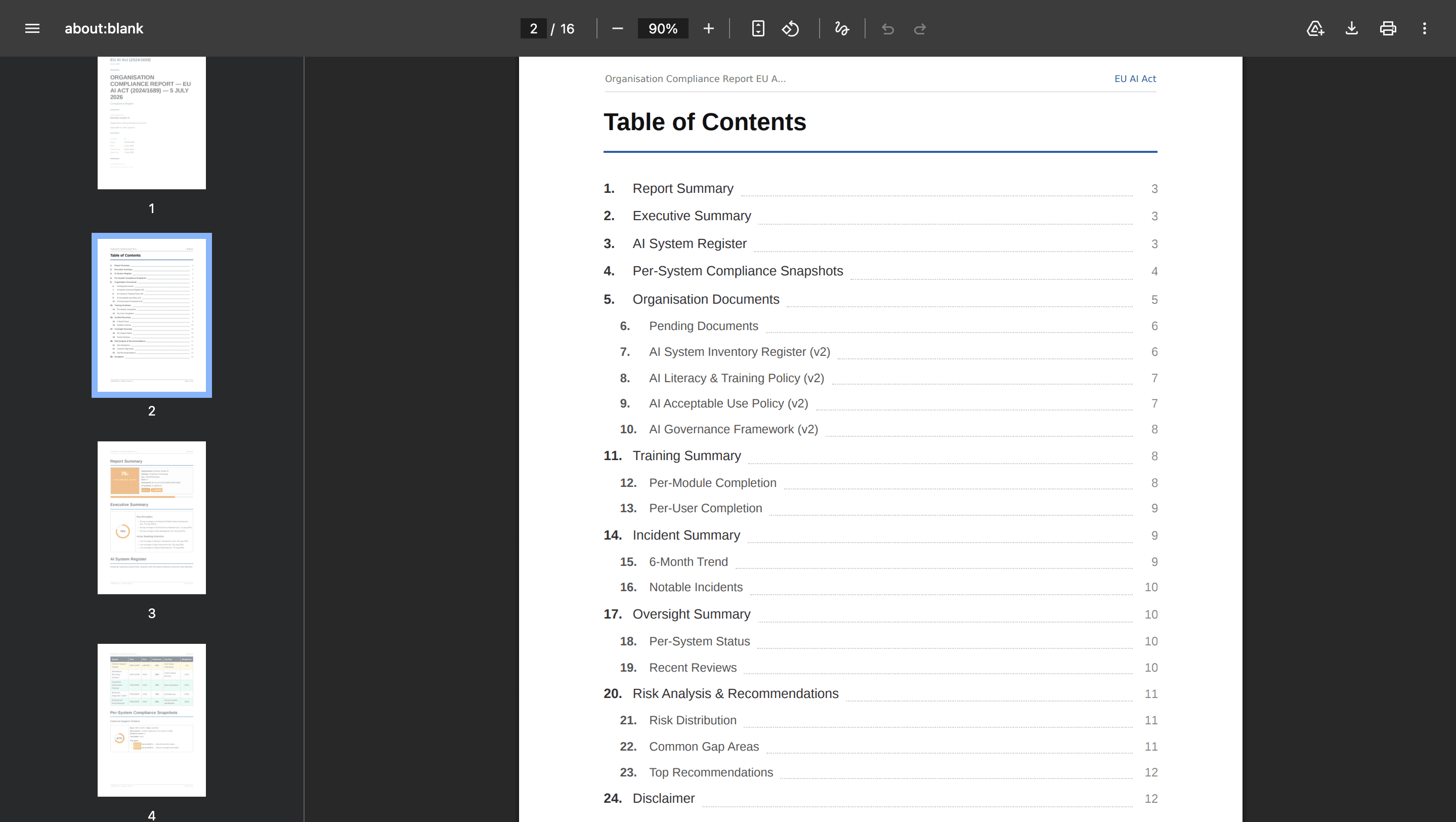 Generated Unorma Organisation Compliance Report PDF showing a full table of contents across system register, training, incidents and risk analysis