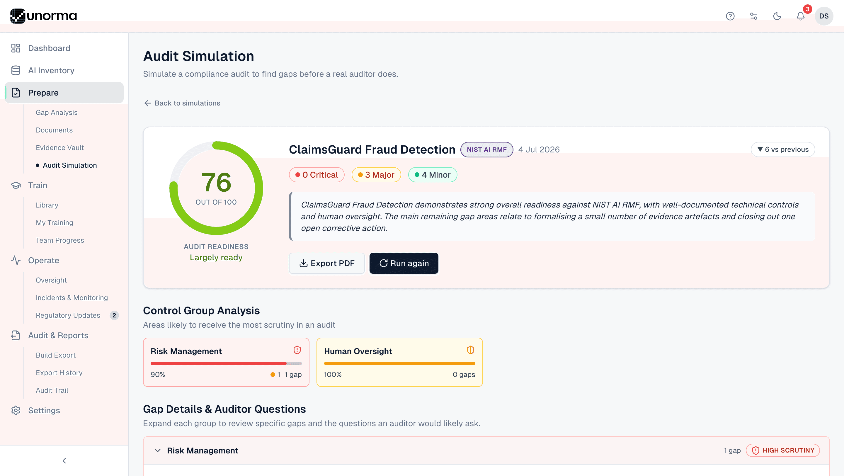 Unorma Audit Simulation results showing a 76 out of 100 readiness score, severity breakdown, and control group scrutiny analysis