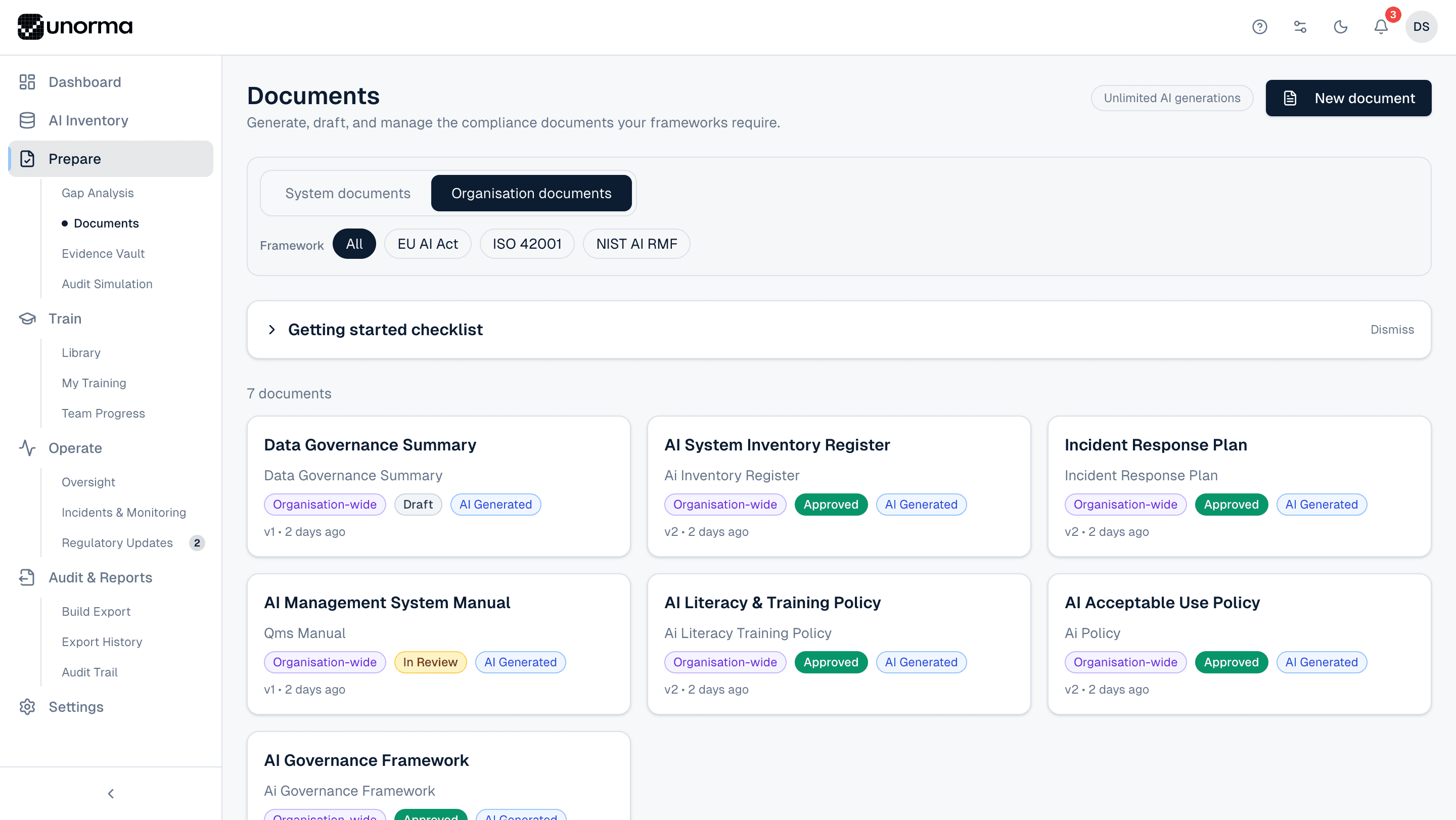 Unorma Documents list showing organisation-wide compliance documents with status, framework and AI Generated badges