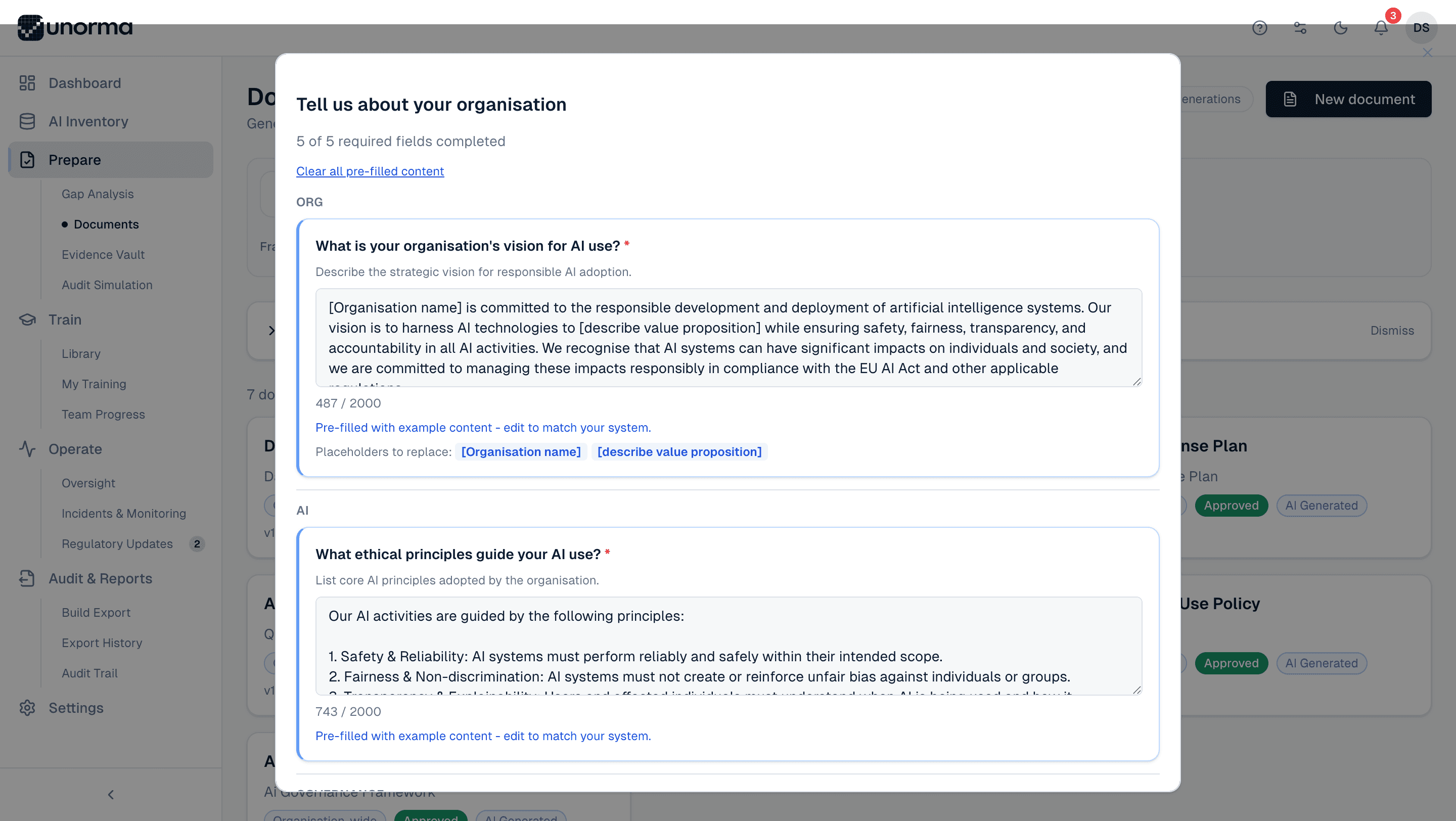 Unorma document input form pre-filled with example content for an organisation's AI vision and ethical principles