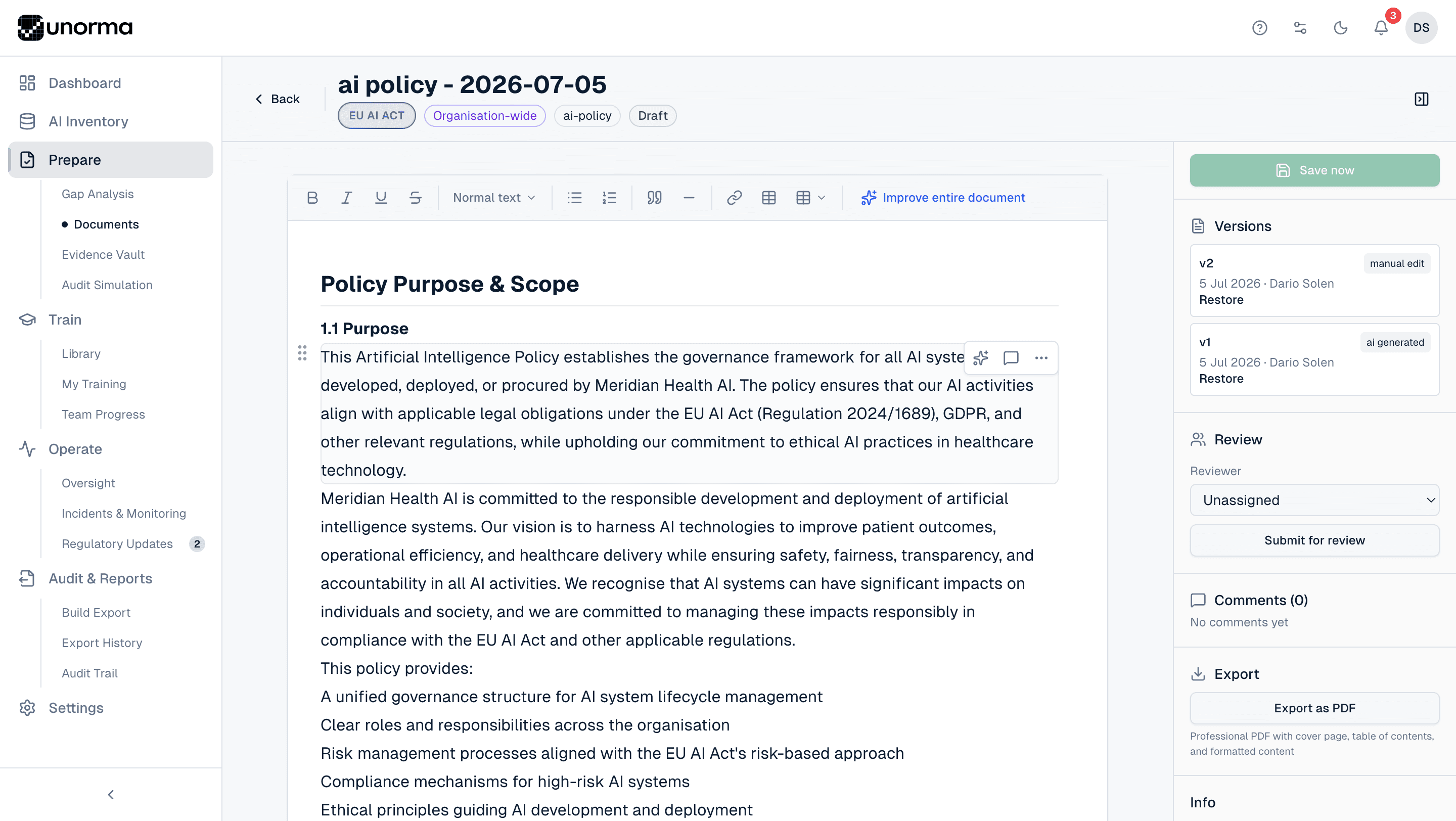 Unorma document editor showing a generated AI Policy with version history, review assignment and PDF export