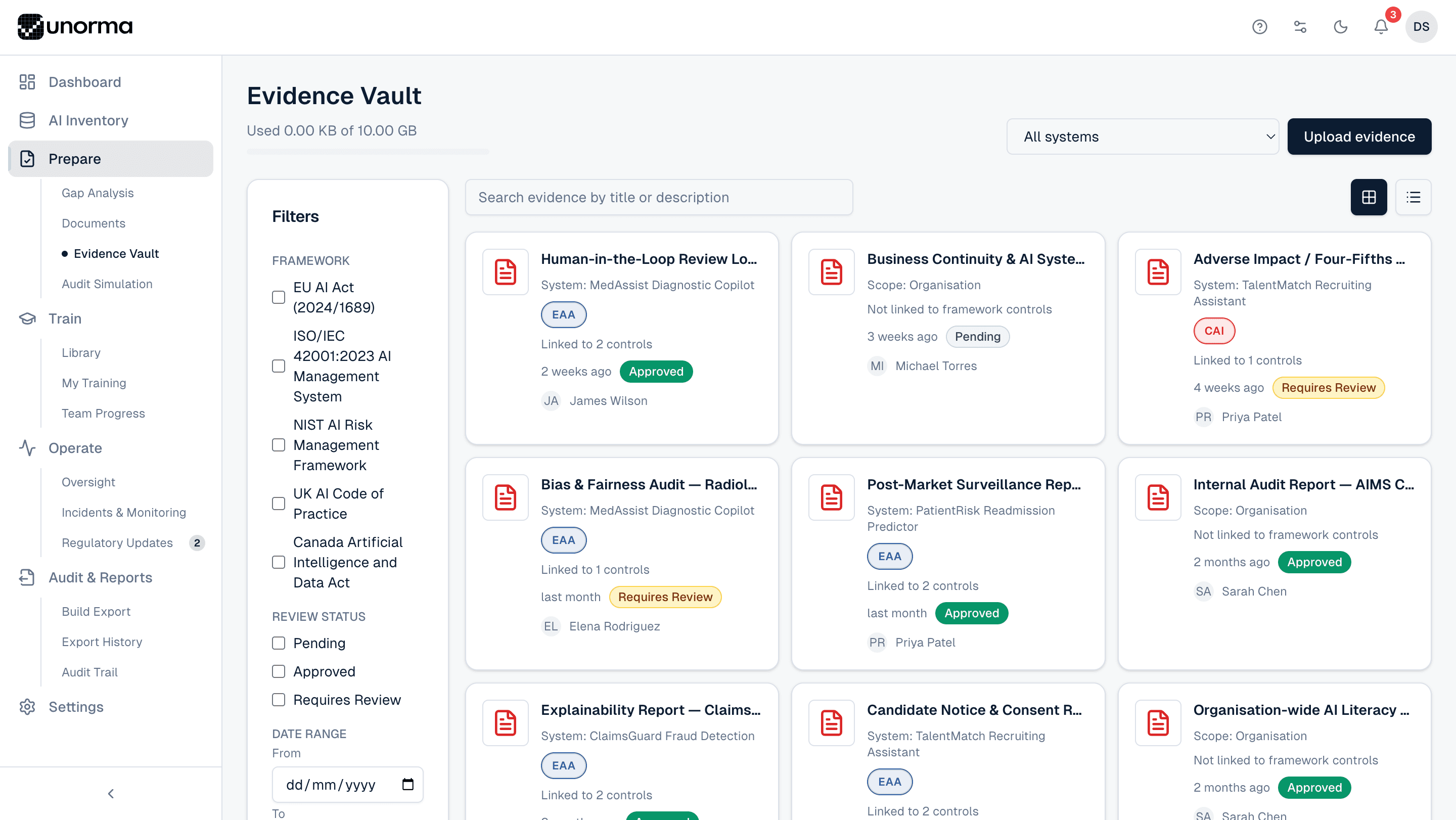 Unorma Evidence Vault showing a grid of uploaded evidence with framework badges, review status and linked control counts