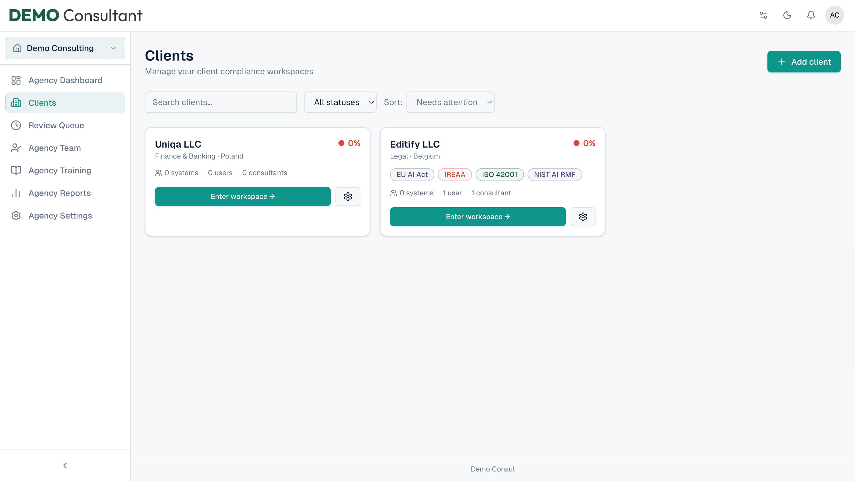Unorma Clients list showing client cards with industry, country, readiness score and framework badges