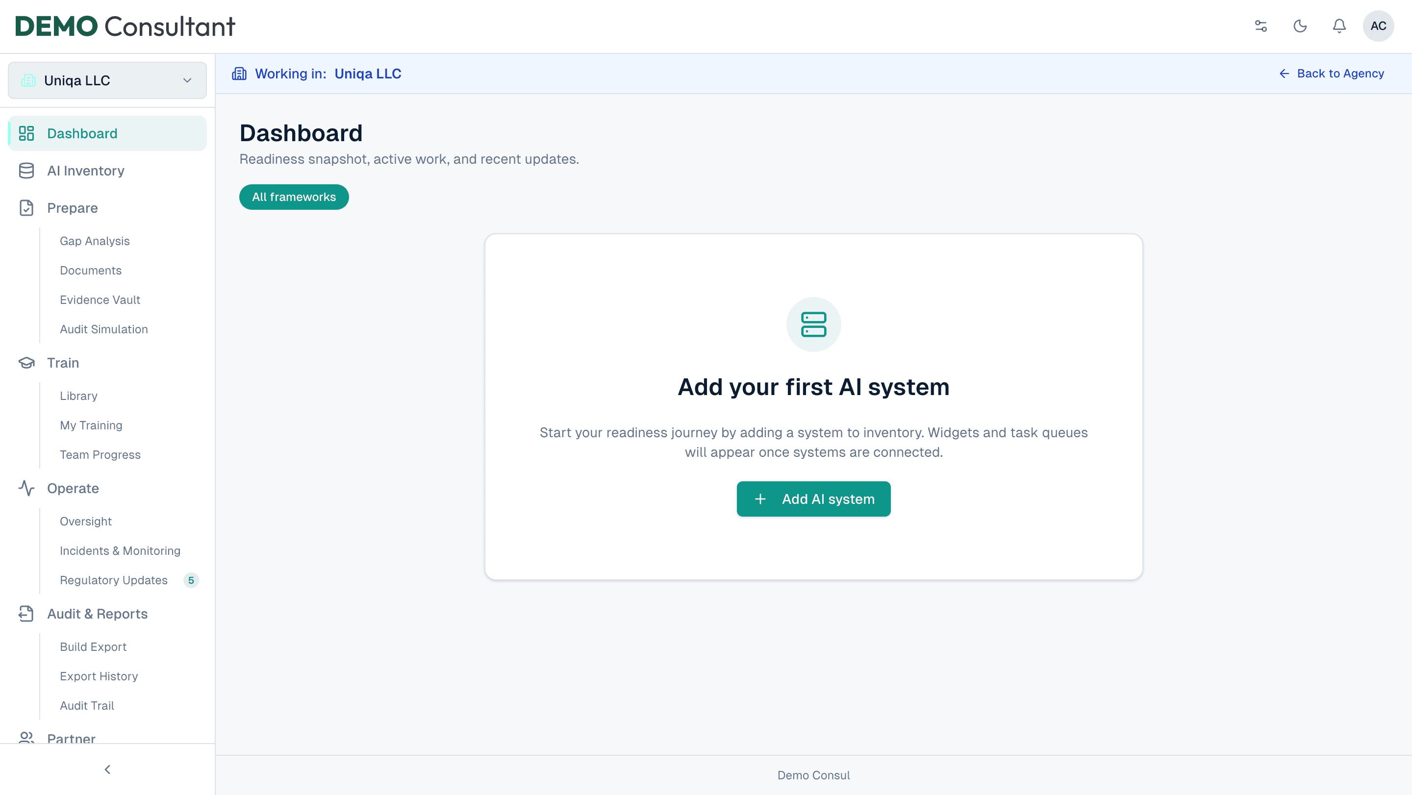 Inside a client workspace, showing the Working in Uniqa LLC banner, Back to Agency link, and full Unorma platform sidebar