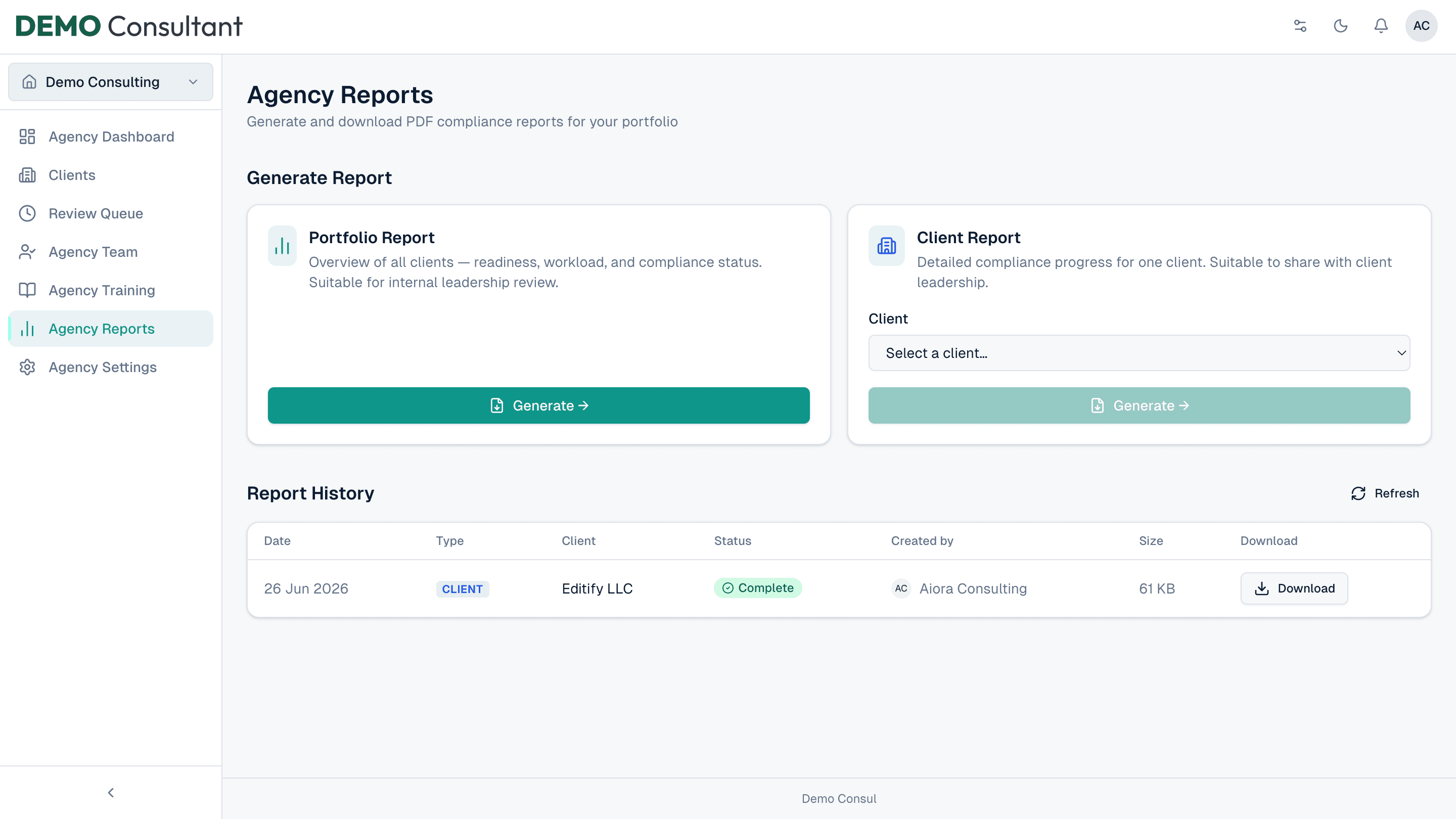 Unorma Agency Reports showing Portfolio Report and Client Report generation options with report history