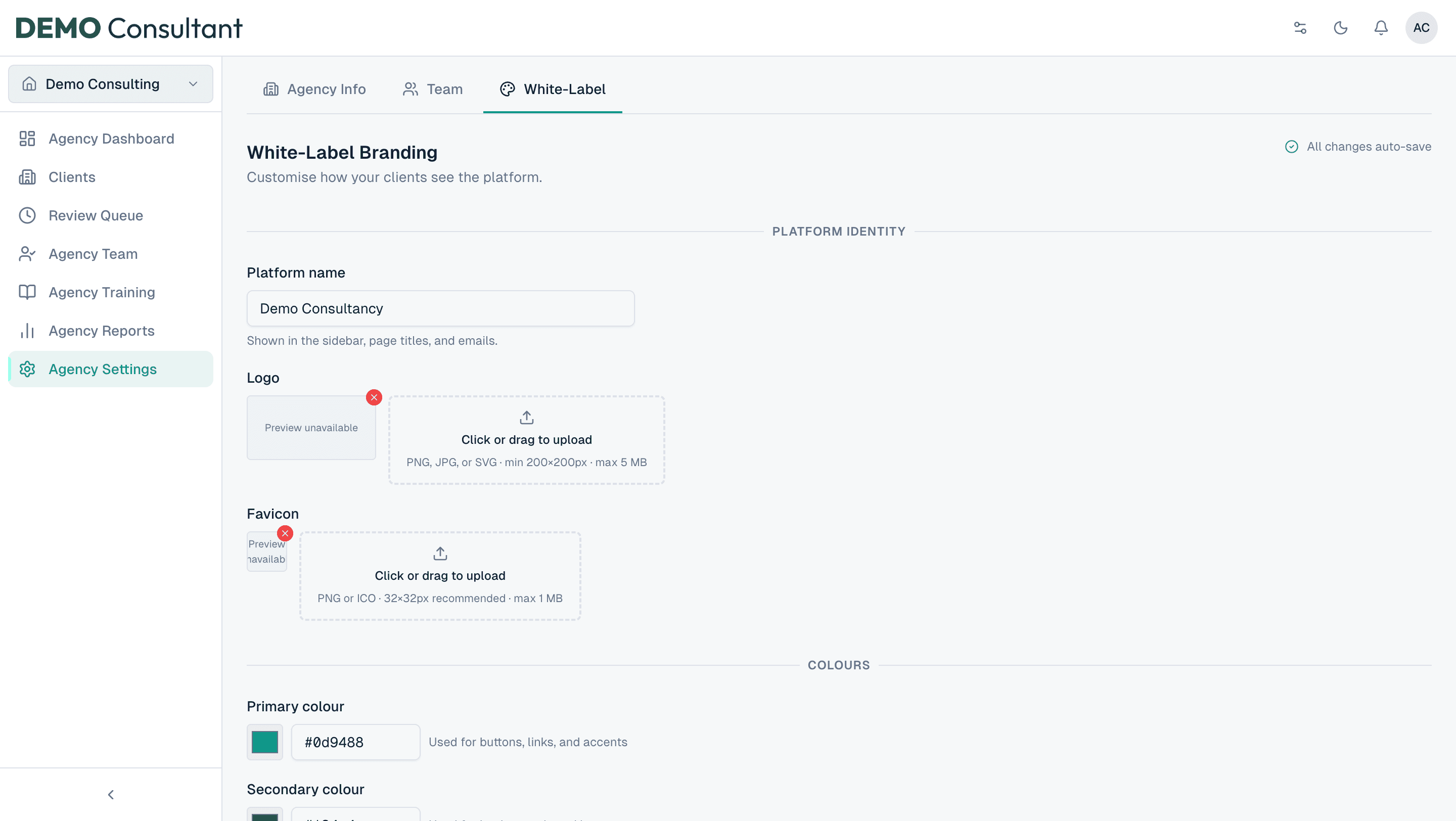 Unorma White-Label Branding settings showing platform name, logo upload, favicon upload and brand colour pickers