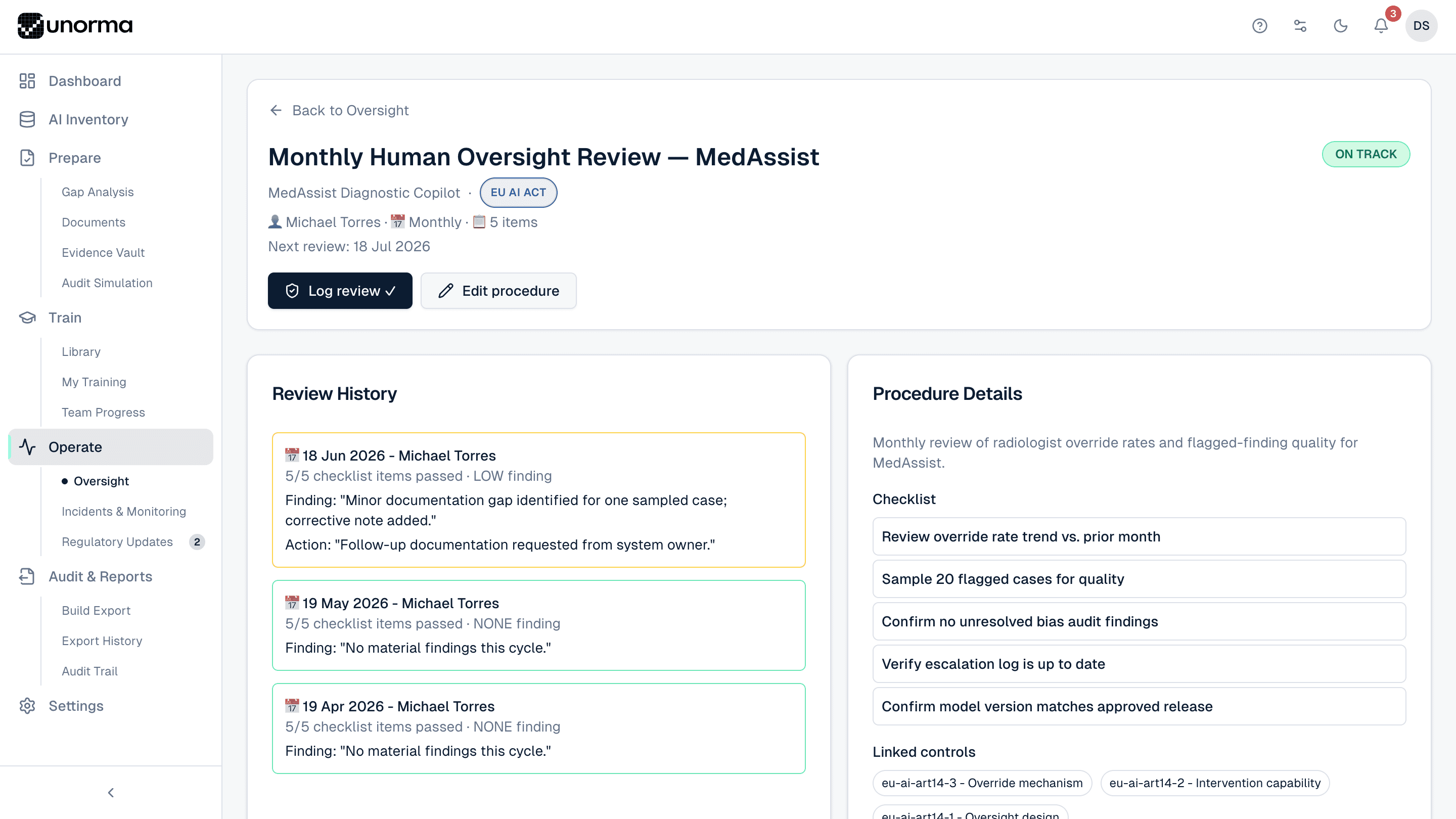 Unorma oversight procedure detail showing review history, findings, and linked controls for a monthly human oversight review