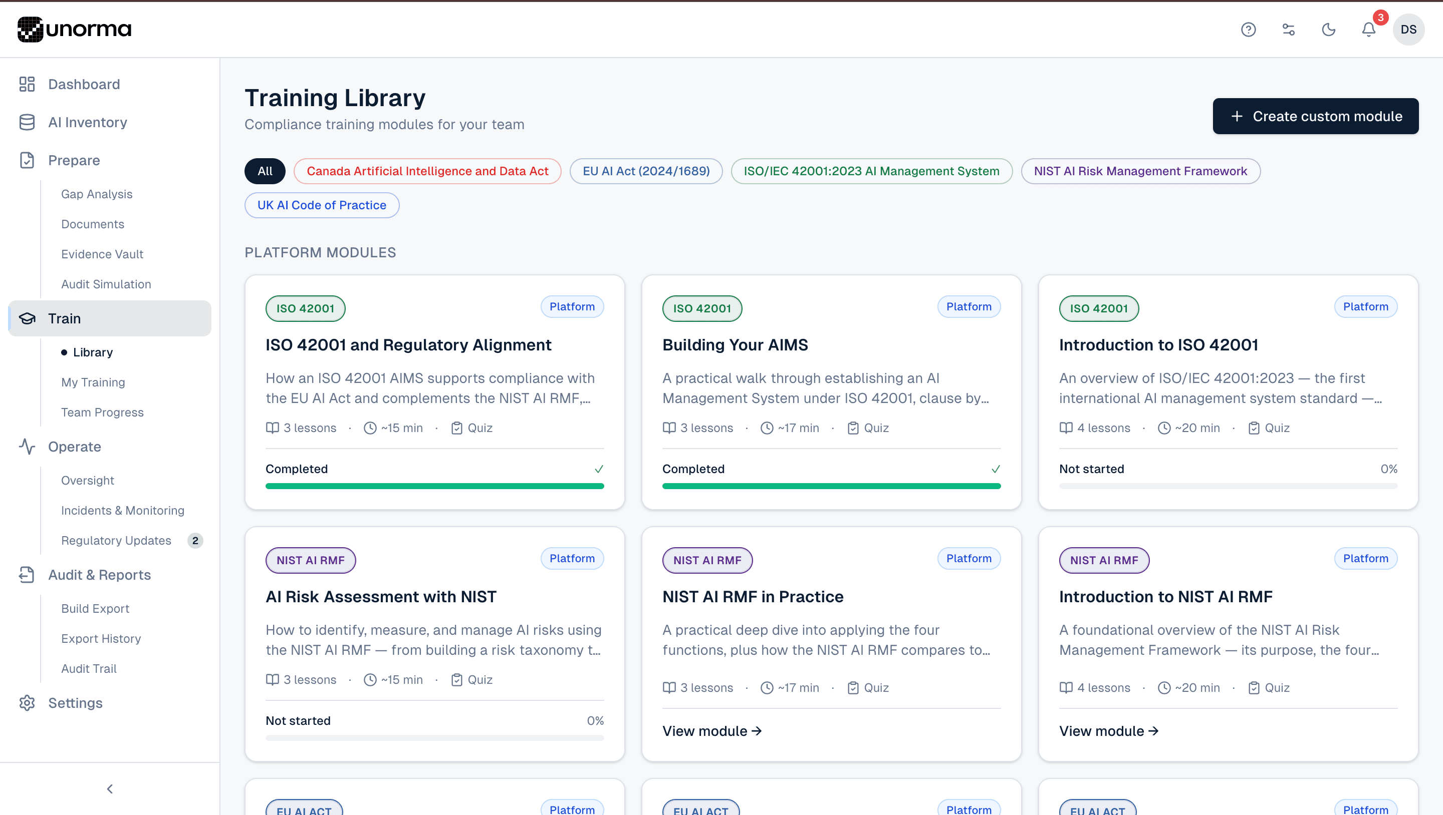 Unorma Training Library showing framework filters and platform modules for ISO 42001 and NIST AI RMF with progress bars