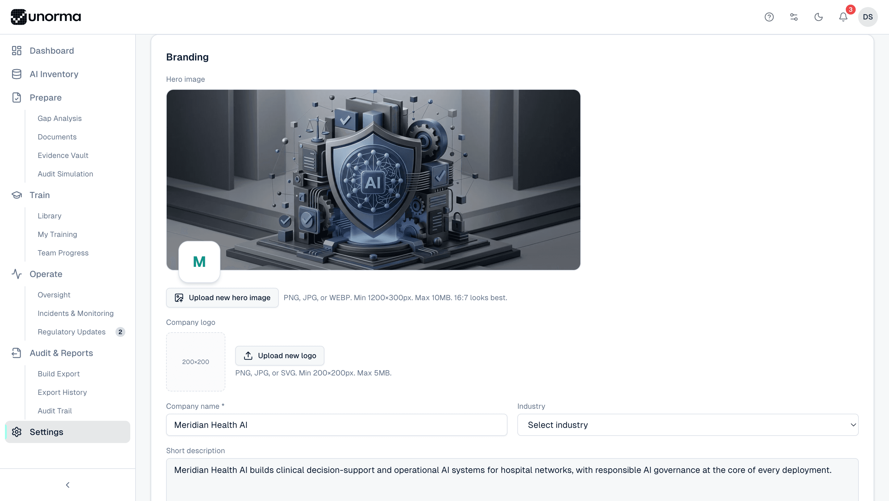 Unorma Trust Profile branding settings for hero image, company logo, company name and short description